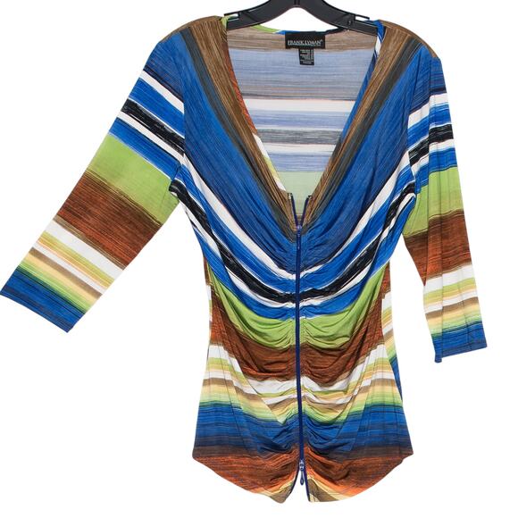 Frank Lyman Jacket 3/4 Sleeve Zip Retro Lightweight Ruched Stretch Colorful 12 - Picture 4 of 5